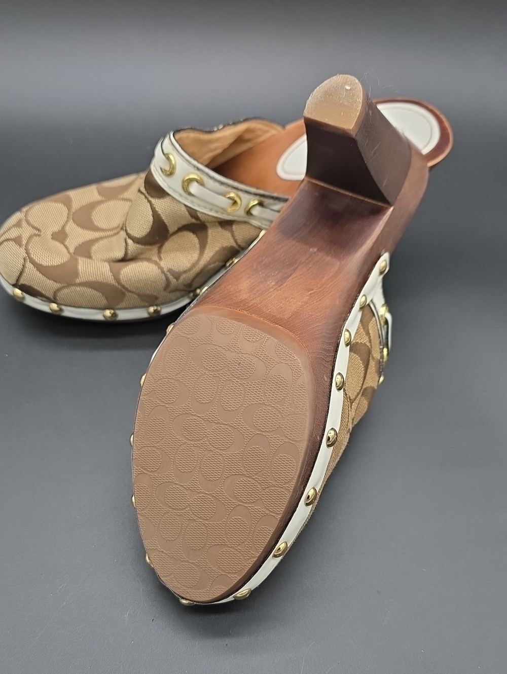 Coach Brown Signature Canvas Clog Heels with Gold Accents 7.5 - Picture 5 of 6